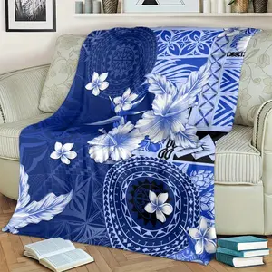 Samoa Pattern With Navy Blue Hibiscus Blanket Soft, Warm And Comfortable, Suitable For Sofa, Bed, Car, Office, Camping |   All-Season Gift Blanket
