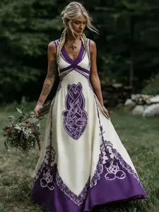 Vintage Celtic Knot Long Dress, Boho Sleeveless V Neck Gown, Loose-Fitting All over Print, Larp Renaissance Festival
