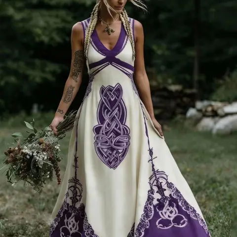 Vintage Celtic Knot Long Dress, Boho Sleeveless V Neck Gown, Loose-Fitting All over Print, Larp Renaissance Festival, Bohemian Women, Party Line Dress