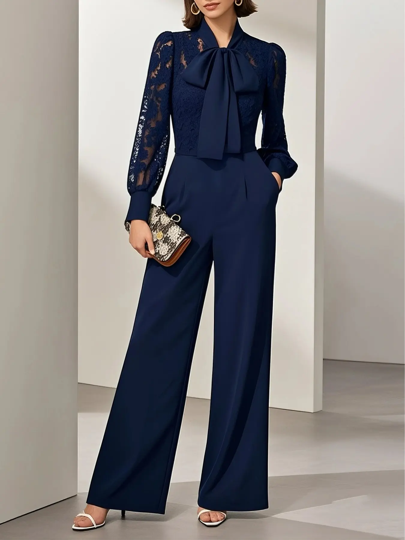 Elegant Chic Fitted Lace Bow Tie Neck Long Sleeve Jumpsuit, Lace Patchwork Lantern Sleeves Butterfly Knot, Wide Leg Pants for Business Parties Daily Wear Aesthetic Womenswear Elegance Lady, Lace Trim Jumpsuit