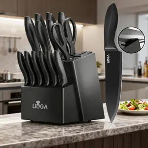 Professional Kitchen Knife Set - 15PCS High-Carbon Stainless Steel Blade, Black Wooden Knife Rest + Sharpener, Ergonomic Handle, Sharp Meat Knife, Serrated Bread Knife & Precision Scissors - Perfect Cooking Gift for Women & Men