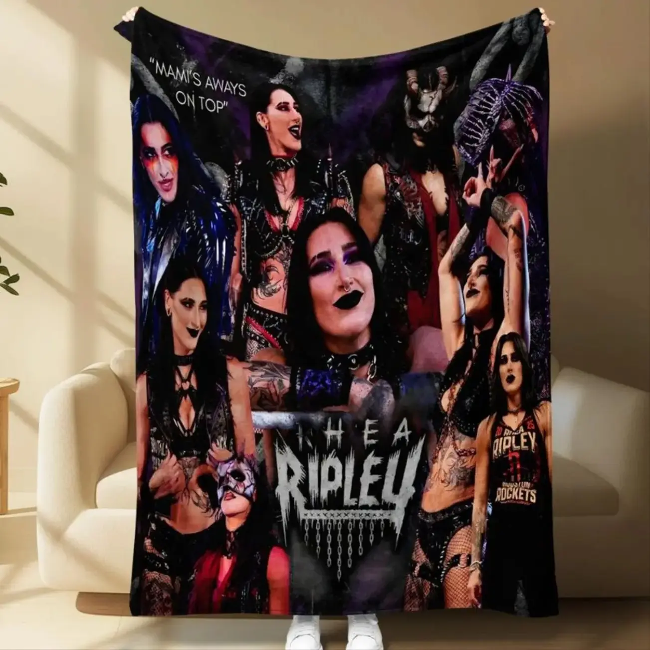 W-WWE, Wrester Star,Rhea Ripley Mommy Forever Is Number One Patchwork Slogan Print Blanket, Preppy Wrestling Theme Flannel Throw, Cool Decor For Sofa Bed Couch, Perfect Gift For Fans,Christmas Gift,