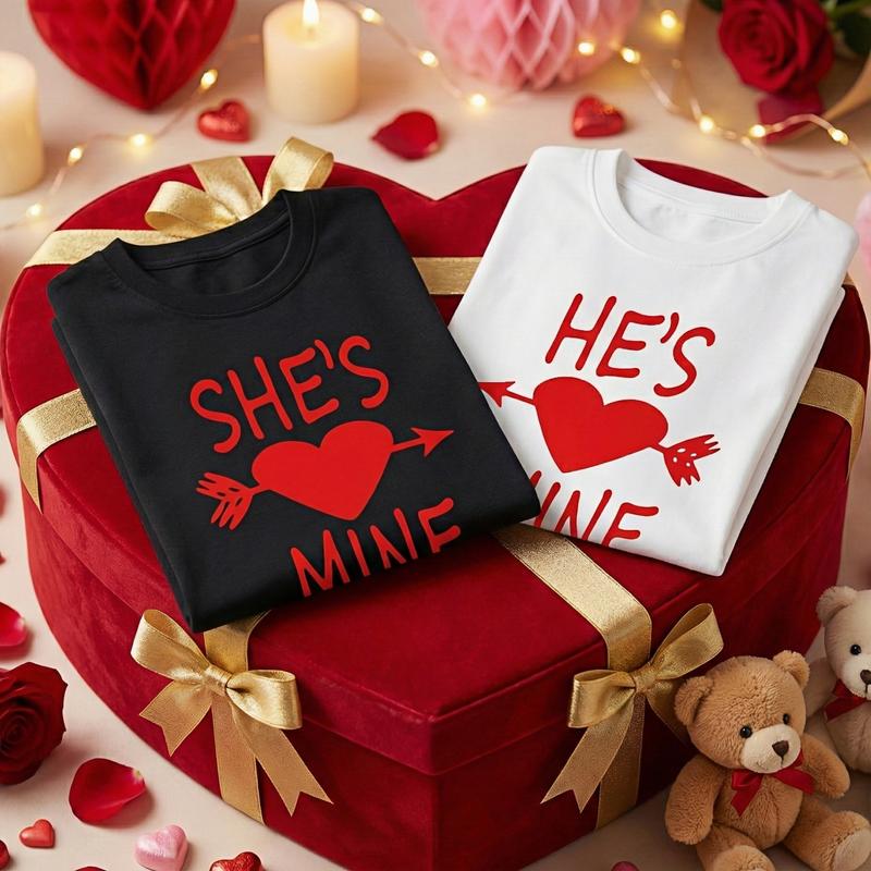 A couple's short-sleeve T-shirts with "She's Mine" and "He's Mine" printed on them.Soft and comfortable crew neck casual T-shirts, perfect for spring and summer| Fashionable Casual Style| Smooth fabric couple T-shirt Valentine's Day gift (1 piece)