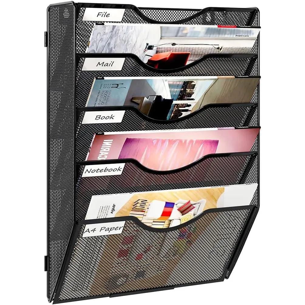 Hanging Wall File Holder, 5 Tier Mail Sorter for Wall, Mesh Office Wall Organizer For Papers/Folders/Files Clipboard & Magazine, Black