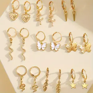 9-Pairs Simple Elegant Heart-shaped Earrings, Elegant, Exquisite, Retro, Cute, Design-oriented, Heart-shaped, Butterfly, Flower, Snake-shaped, Star, Leaf, Oil-dripping, Multi-element Earrings, Suitable For Festivals, Vacations, Part