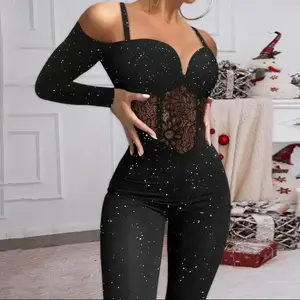 Women's Glitter Cold Shoulder Contrast Lace Corset Jumpsuit
