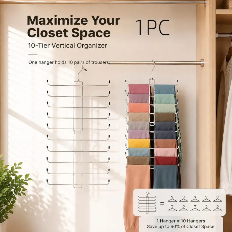 10-tier metal tie and belt rack, a space-saving wardrobe accessory organizer, closet hanger organizer that can be used to store scarves, belts, and ties.