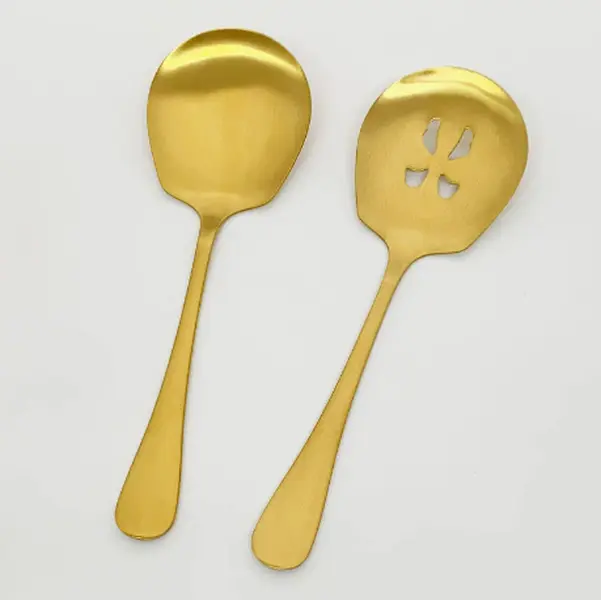 Matte Gold Serving Utensils Set Stainless Steel Solid Spoon Slotted Spoon Durable Tableware For Buffet Catering Wedding And Family Gathering