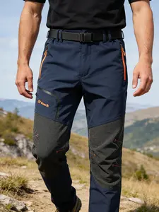 Men's Outdoor Professional Waterproof Hiking Pants, Fall Winter Durable Mountain Climbing Trousers, Multi-Functional Patched Drawstring Trekking Pants