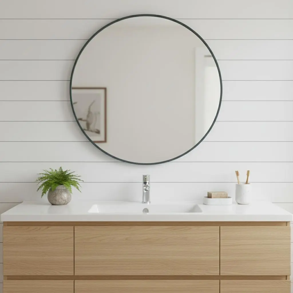 30 in. Black Metal Round Framed Decorative Bathroom Mirror (Model 636259) with 360-Degree Rotating Stand, Glass Wall Mirror for Bathroom, Office