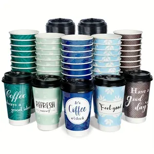 20-Pack 12oz/16oz Disposable Coffee Cups with Lids, Dual-Wall Insulated Paper Cups for Cold and Hot Drinks, Fun Design, Individual Drinking Cups