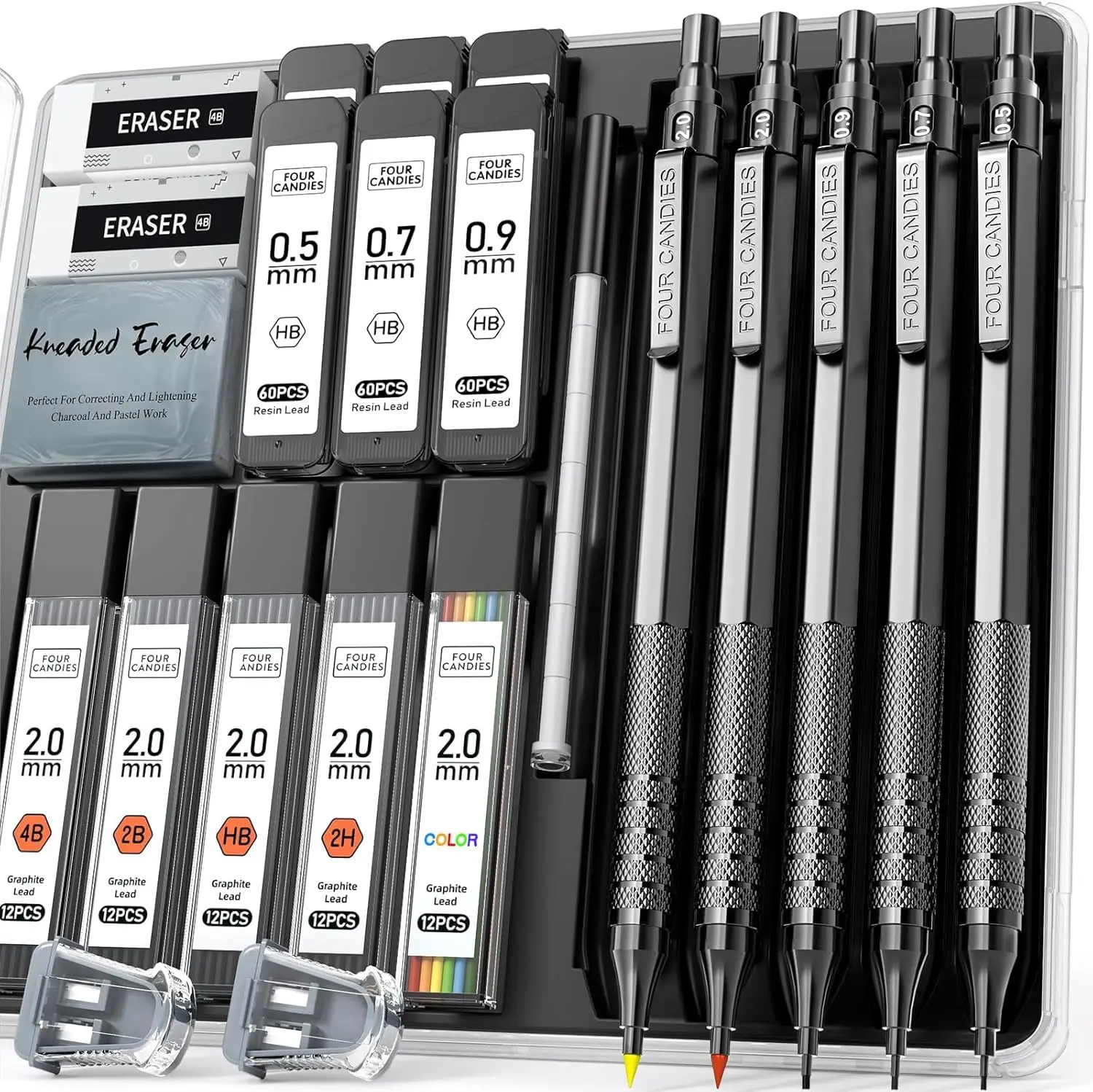 Metal Mechanical Pencil Set, 3PCS Art Drafting Pencils 0.5, 0.7, 0.9MM & 2PCS 2MM Mechanical Drawing Pencils with 420PCS Leads (4B 2B HB 2H Color) for Writing Sketching Drawing