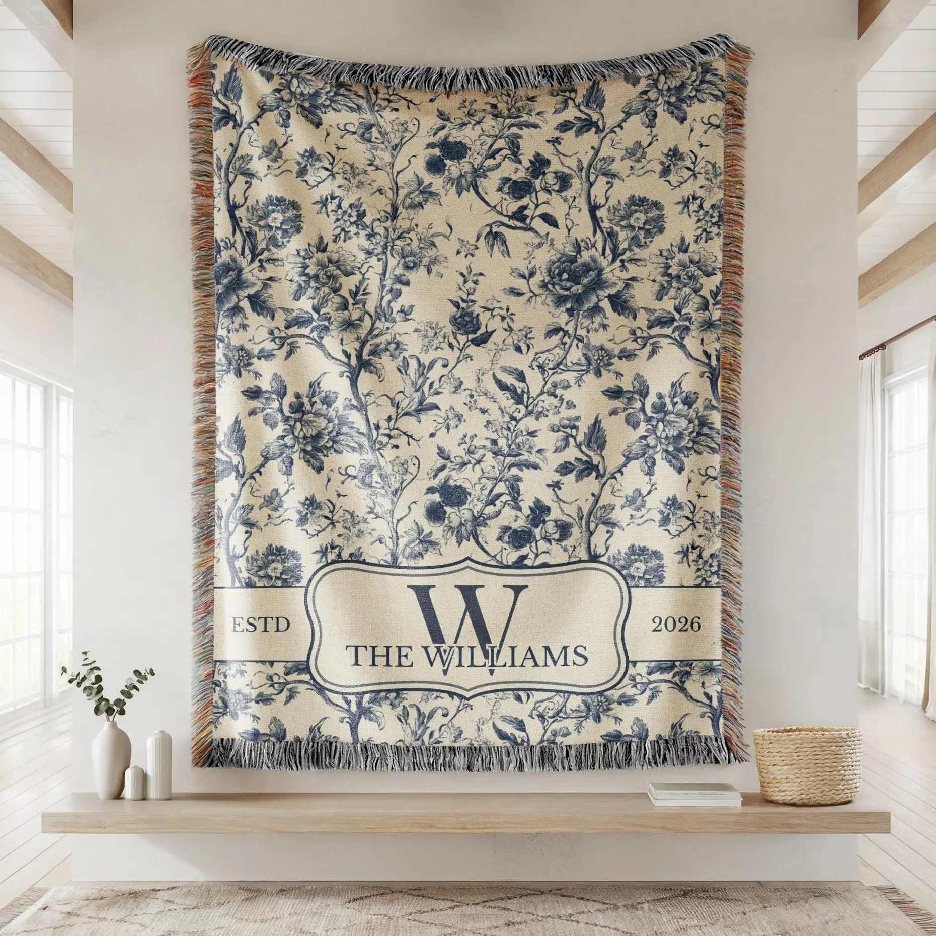 Blue Toile Monogram Woven Blanket, Last Name Floral Throw, Housewarming Gift for Newly Married Couple or Family Keepsake, Anniversary Gift