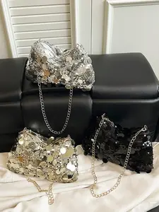 Sparkling Crossbody Bag Set with Tight Pants, Fashionable Sequin Shoulder Bag and Hair Accessories, Perfect for Parties and Dates, Chain Strap Crossbody