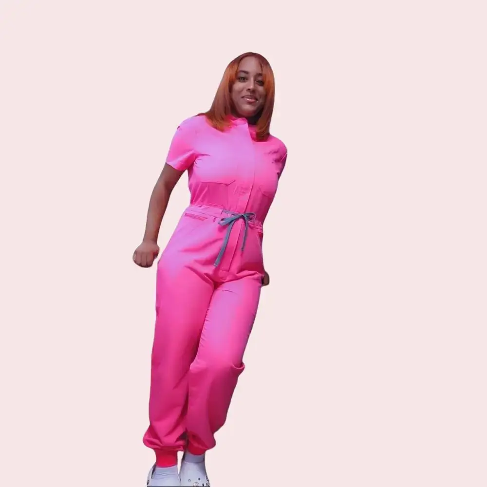 House of Scrubs Bubblegum Scrubs Romper Ribbed Bottom Fitted Short Sleeve Jumpsuit for Women Summer Wear Basic Minimalist Style Casual Workwear