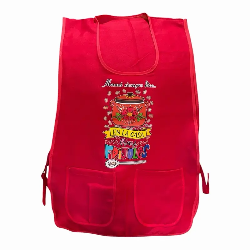 Mexican Artesanal Apron - Red with "En La Casa" Design, Two Pockets, and "Mami Siempre Dice" Text . Plus size fits 1X 2X 3X