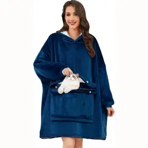 Wearable Blanket Hoodie with Pet Pouch & 2 Side Pockets Ultra-Soft Fluffy Fabric Oversized Fit for Home Autumn Winter
