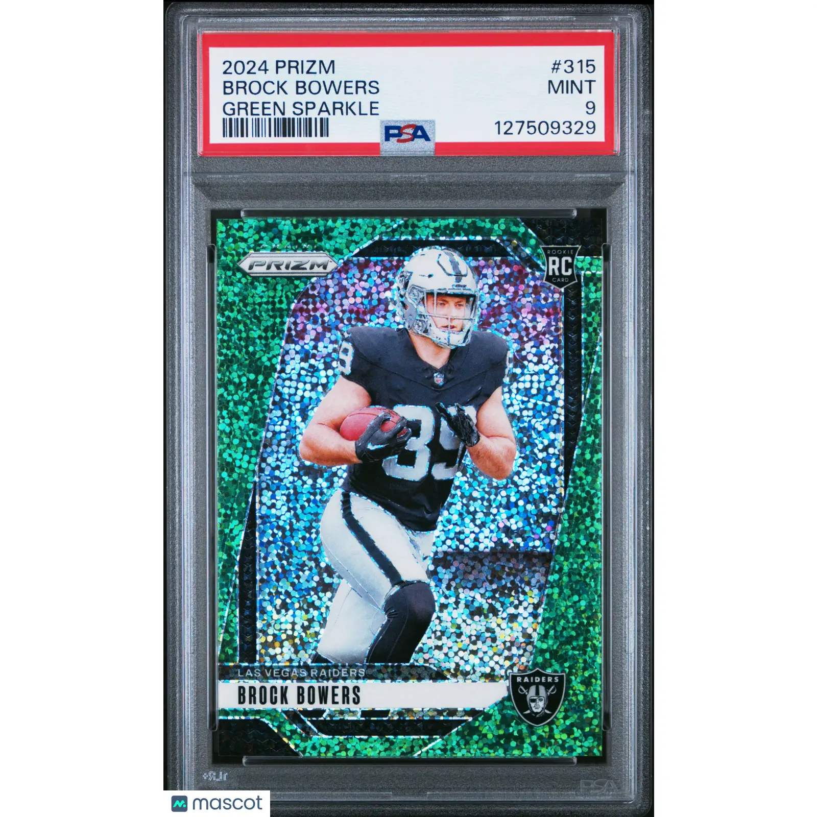 Brock Bowers 2024 Panini Prizm Green Sparkle Rookie RC /8 #315 PSA 9