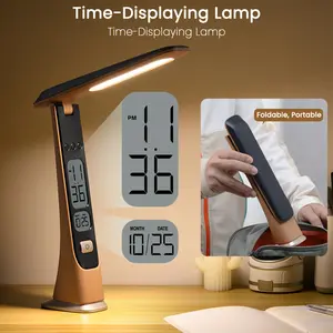 Portable Foldable LED Desk Lamp with Time Date Display Rechargeable Battery Wireless Eye-Caring 3 Color Temperature Dimmable Office Home University Study Travel Lightings