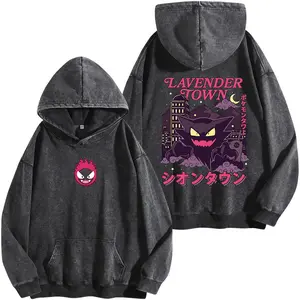 Unisex Retro 90s PKM Lavender Town Ghost Vintage Washed Hoodie Graphic T-Shirt, Anime Double-Sided Oversized Heavyweight Cotton Streetwear Top, Manga Fan Merch Gift