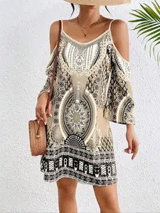 Women's Vintage Ethnic off Shoulder Spaghetti Strap Dress, Boho Dresses, Floral Print Casual Vacation, Elegant Fitted Woven Sleeveless Summer Dress, Casual Wear, Womenswear