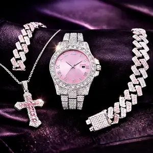Women's Bling Watch & Jewelry Set | Pink Dial Iced Out Watch with Cross Necklace & Bracelet, Sparkling Set for Daily & Parties