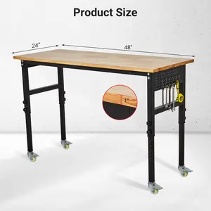 Heavy-Duty Automotive Tool Workbench Cart, Mobile Rolling Cart with Rubber Wood Top, Steel Frame, Pegboard and Hooks for Garage Workshop Storage