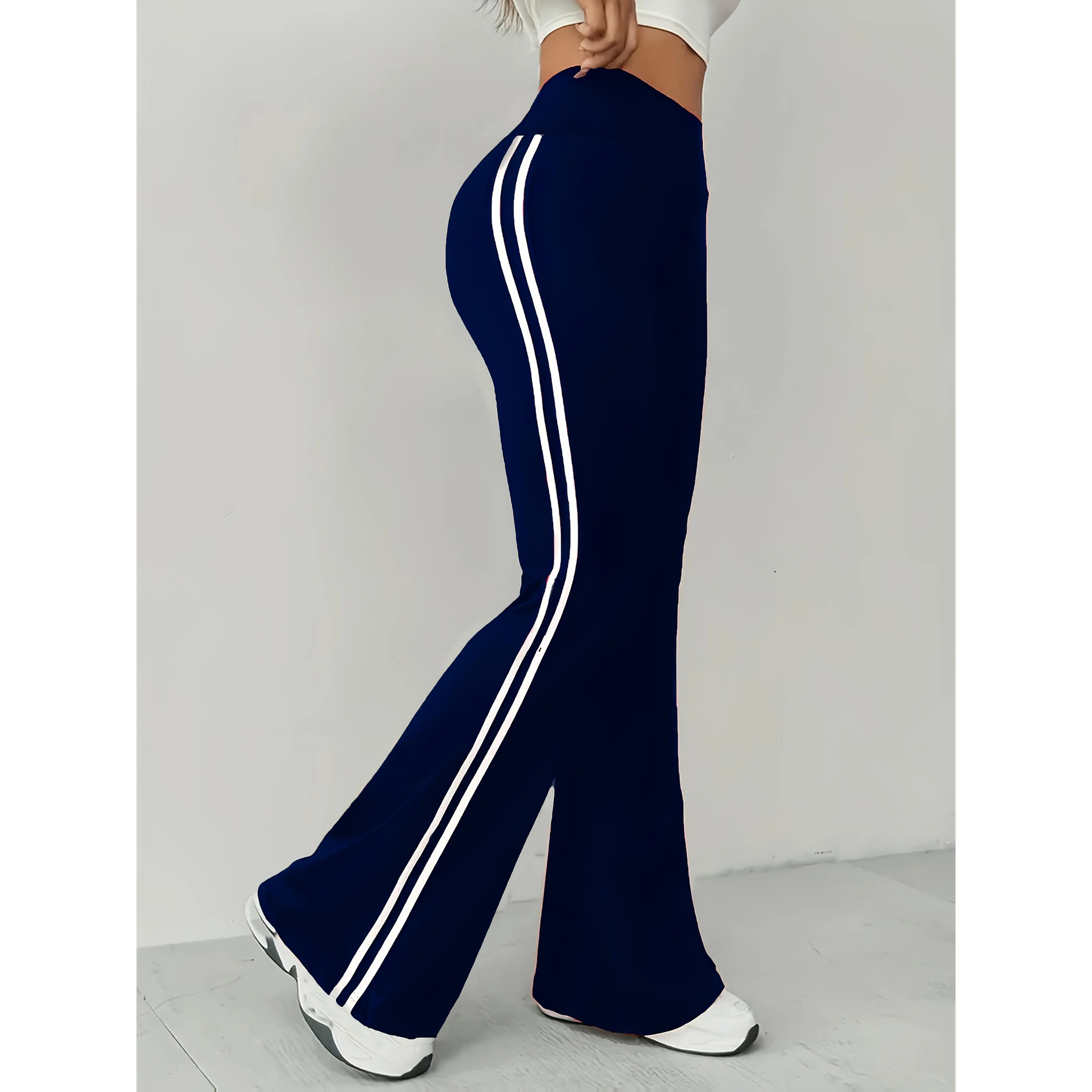 Women's High-Waist Tummy Control Maroon Flare Pants with White Stripe Detail - Stretchy Polyester/Elastane Blend, Machine Washable, Casual Sporty Bell Bottoms Black Fabric