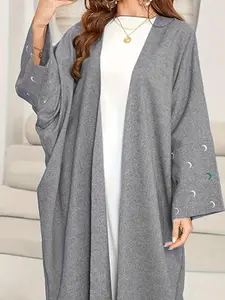 Women's Moon Embroidery Long Sleeve Open Front Modesty Abaya, Elegant Long Abaya for Party Holiday Vacation, Ladies Fall & Winter Clothes