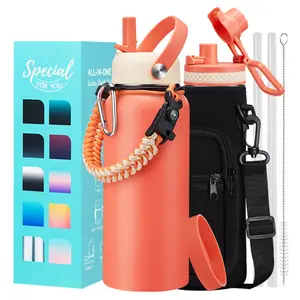 32/40/64 OZ Insulated Water Bottle - with Straw Auto Spout Lid, 32 oz Water Bottles Sleeve, Paracord Handle, Protective Boot, Metal Jug Stainless Steel Flask Cup for Women Work Sports Gym Travel