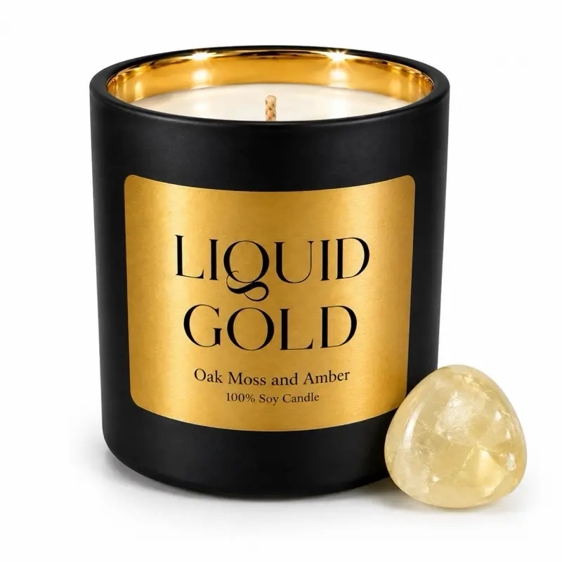 LIQUID GOLD Soy Candle | Citrine Crystal | 10oz Gold Foil Label |Meditation & Manifestation Gift | Spiritual Home Decor