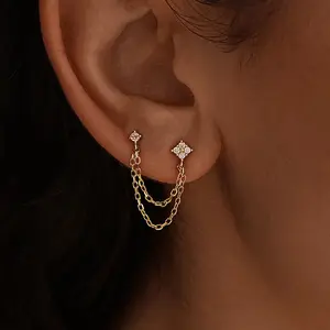 Double Piercing Drop Earrings Double Chain Dangle Earrings Sterling Silver CZ Diamond Earrings Girlfriend Gift Edgy Christmas Gift