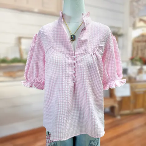 Sagevell Women’s Preppy Sweet Checkered Pink Cotton Blend Fabric Blouse - Button Front, Ruffle Neckline, Puff Sleeves, Medium-Length, Lightweight Women's Top for Daily Wear, Brunch, Evening, Party