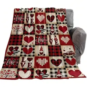 1 Flannel Blanket With Charming Valentine's Day Design, Featuring Red And Black Plaid Pattern, Adorned With Heart Motifs, Love Patterns, Heart Trees, Gnomes, And Vintage Trucks, Special Occasions, Birthday Mother's Day Size 70x140cm/27. 56x55. 12 In