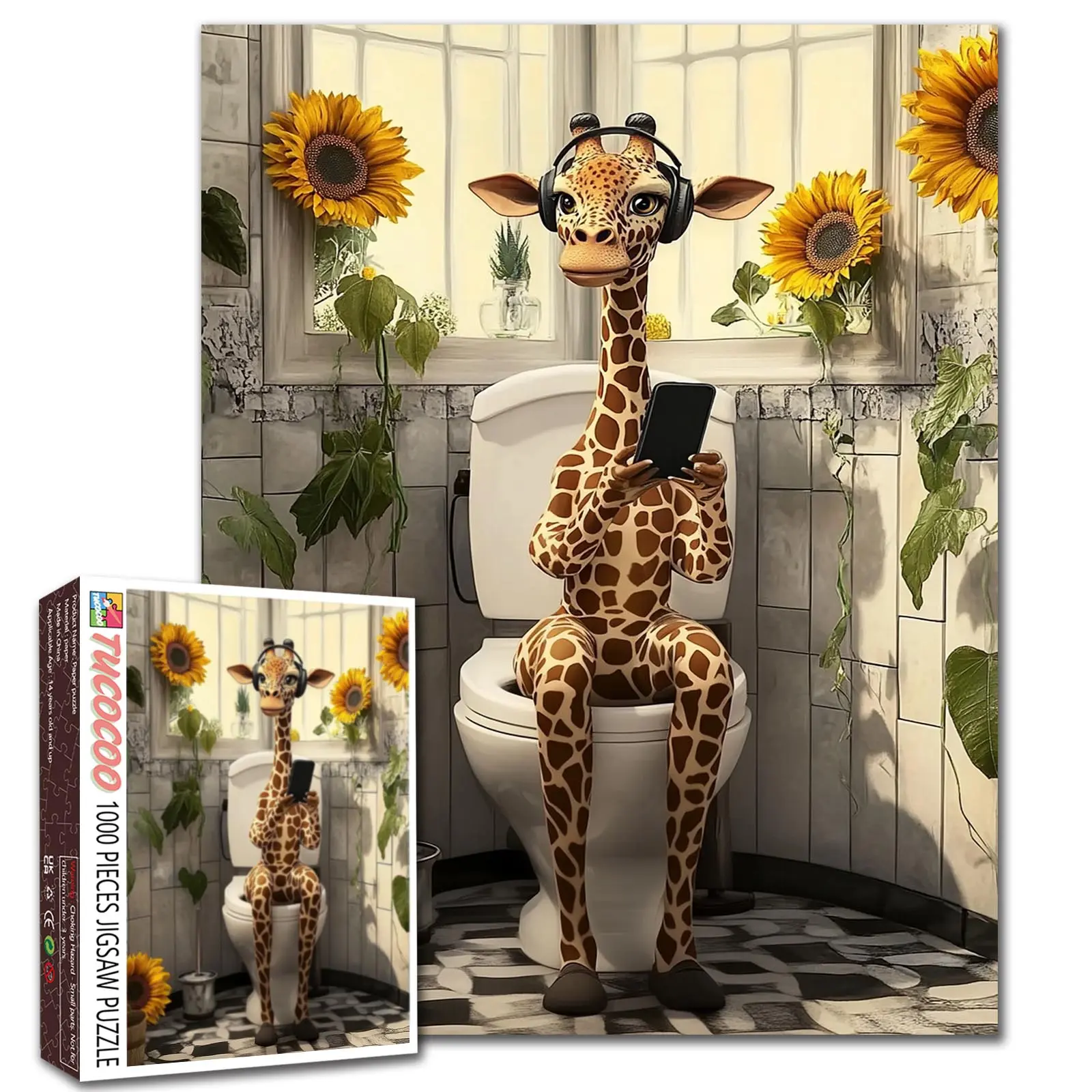 Tucocoo 1000-Piece Funny Giraffe Bathroom Jigsaw Puzzle - Whimsical Animal with Sunflower, Headphones, Reading Tablet Humor Artwork - Wall Decor, Brain Challenges, Memory Training & Observation - 27.5x20in (70x50cm) Unique Gift Idea for Adults
