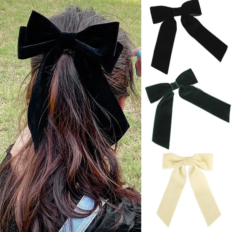 AWAYTR Elegant Pastel Velvet Hair Bows, Clip-In Large Long-Tail Decorative Boutique Bow Hair Clips, Super Cute Accessories for Women, Elegant Pastel Bow