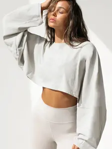 Women's Casual Loose Crop Top Sweatshirt Cropped, Short Sleeve Round Neck Knitwear, European Style Sporty Base Layer Tee, Long Sleeve Pullover, Spring