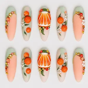 Orange Citrus Press On Nails Handmade 3D Fruit Nail Set Reusable Almond Glue On Nails Summer Vacation Cute False Nails Gift for Women Daily Wear