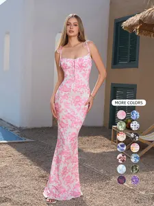 Parthea Square Neck Backless Tie Floral Print Bodycon Cami Dress,Bohemian Boho Beach Holiday Chic Fashion Maxi Dress