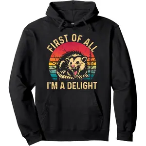 Men's Soft Vintage Retro "First Of All I'm A Delight" Angry Possum Long-Sleeve Breathable Pullover Hoodie Sweatshirt, Menswear Women's Fitted Comfortable Fabric Tops for Casual Fall Streetwear