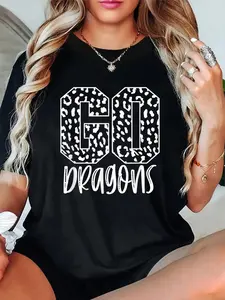 100% Cotton Unisex Dragons Team Mascot School Spirit Game Night Leopard Print T-Shirt，Autumn women's short-sleeved, Thanksgiving and Halloween maple leaf pattern T-shirt