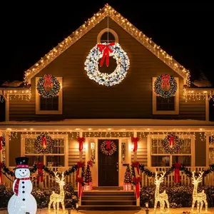 iCapeson 48in Pre-Lit Snow Flocked Christmas Wreath, 150 Warm White LED Lights Artificial Xmas Wreath with 450 PVC Tips & DIY Ornaments, Remote Control for Front Door Indoor Outdoor Holiday Decor