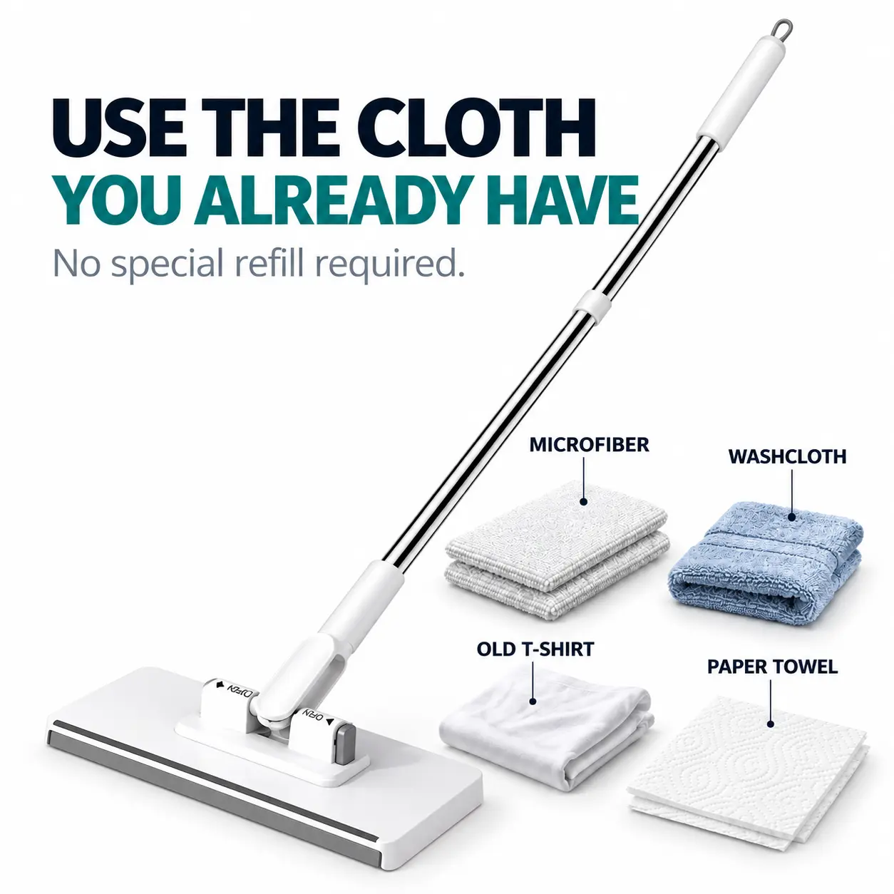 Grip Mini Flat Mop with Long Handle - Wet & Dry Cleaning Tool, Soft Cotton Disposable Pads, Locking Head for Corners & Tight Gaps (1 Mop + 3 Cloths)