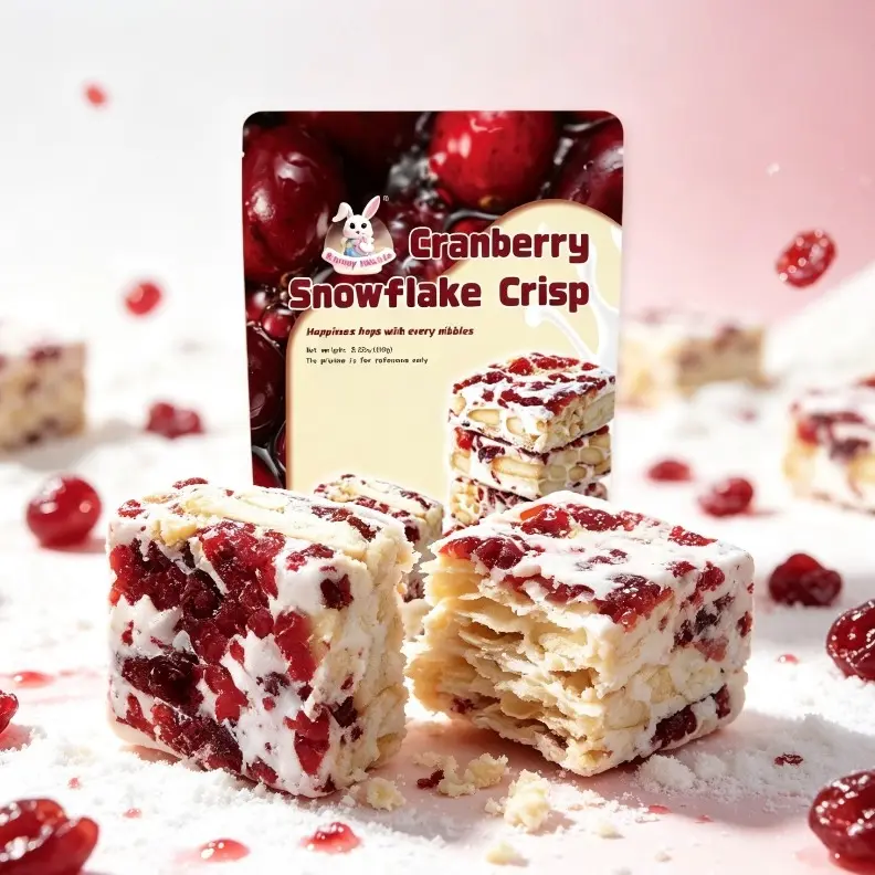 1packCranberry Snowflake Crisp, Milk Nougat Pastry Snack, Chewy Cranberry Nut Candy, Individually Packaged Treats for Party, Travel & Office Snack Cake Dessert Nata