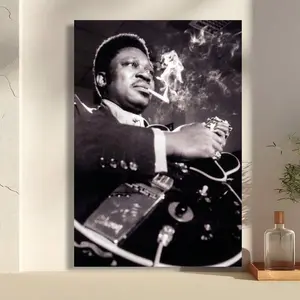 B.B. King Blues Guitarist Canvas Wall Art, Framed/Unframed Black and White Music Print, Vintage Jazz Legend Poster for Music Room Kitchen