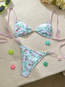 French Country Floral Bikini Set with Adjustable Polka Dot Straps, Low Waist Triangle Bottom, Stretchy Skin-Friendly Fabric for Beach Vacation and Pool Party Floral Print Bikinis Floral Print Swimsuits