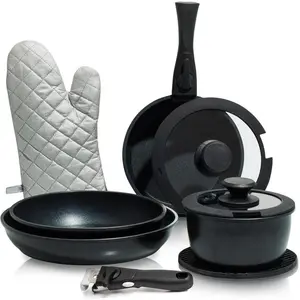 10 count Black Pots and Pans Set Non Stick, Cookware Sets Detachable Handle, RV Kitchen Set Removable Handle, Oven Safe, Induction Ready, Stackable Non-stick Set, Camping Cookware Set