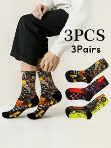 3 Pairs of Men's Fun Mechanical Watch Print Mid-Calf Sock Set Novelty Trendy Casual Streetwear Happy Sports Hip-Hop Socks Comfortable Breathable for Home, Outdoors, Travel, Holidays & Parties Creative Gift Idea