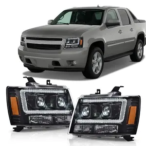 Black LED DRL Projector Headlights Full Set Fit for 2007-2014 Chevy Tahoe Suburban 1500 2500 Avalanche, Sinister Matte Black Housing Clear Lens Front Driving Lamps Replacement