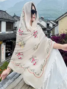 Boho Style Outdoor Beach Towel Sunscreen Shawl Women's Scarf Embroidered Ethnic Travel Silk Wrap, Casual Solid Pattern, All Seasons